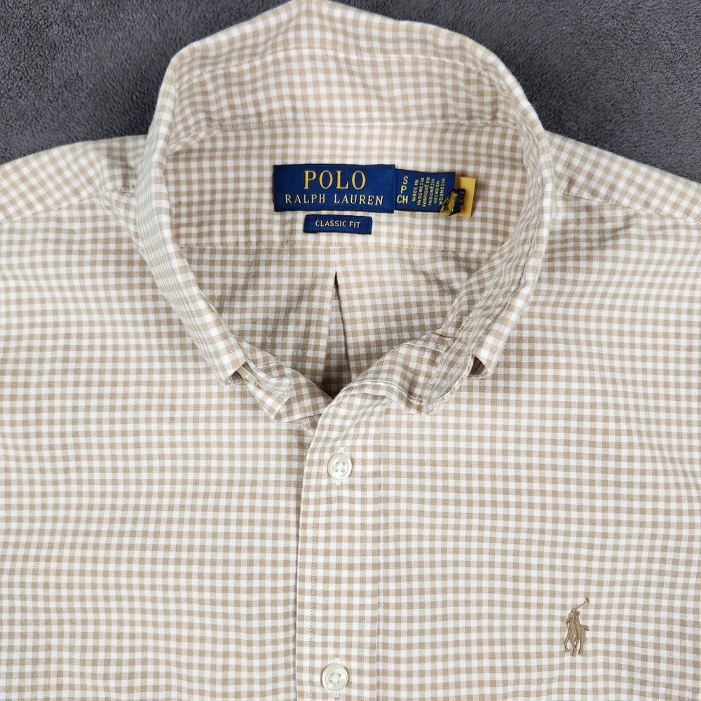 Polo Ralph Lauren Shirt Mens Small Tan Gingham Classic Fit Stretch Button Down